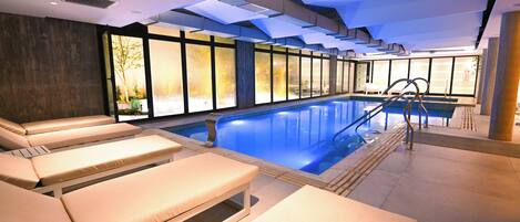 Indoor pool, open 3:00 PM to 9:00 PM, sun loungers
