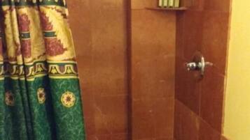 A bathroom with a shower, toilet, and a curtain with a patterned design.