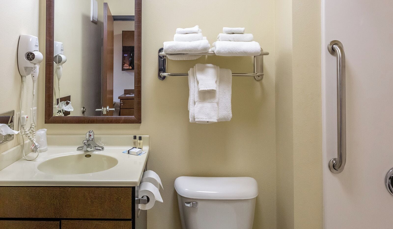 combined shower/bathtub, free toiletries, hair dryer, towels