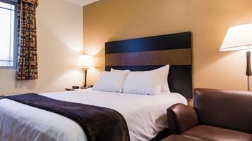 Premium bedding, pillowtop beds, desk, laptop workspace