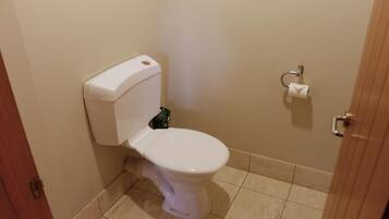 A small, clean bathroom with a white toilet, a toilet paper holder, and a door.