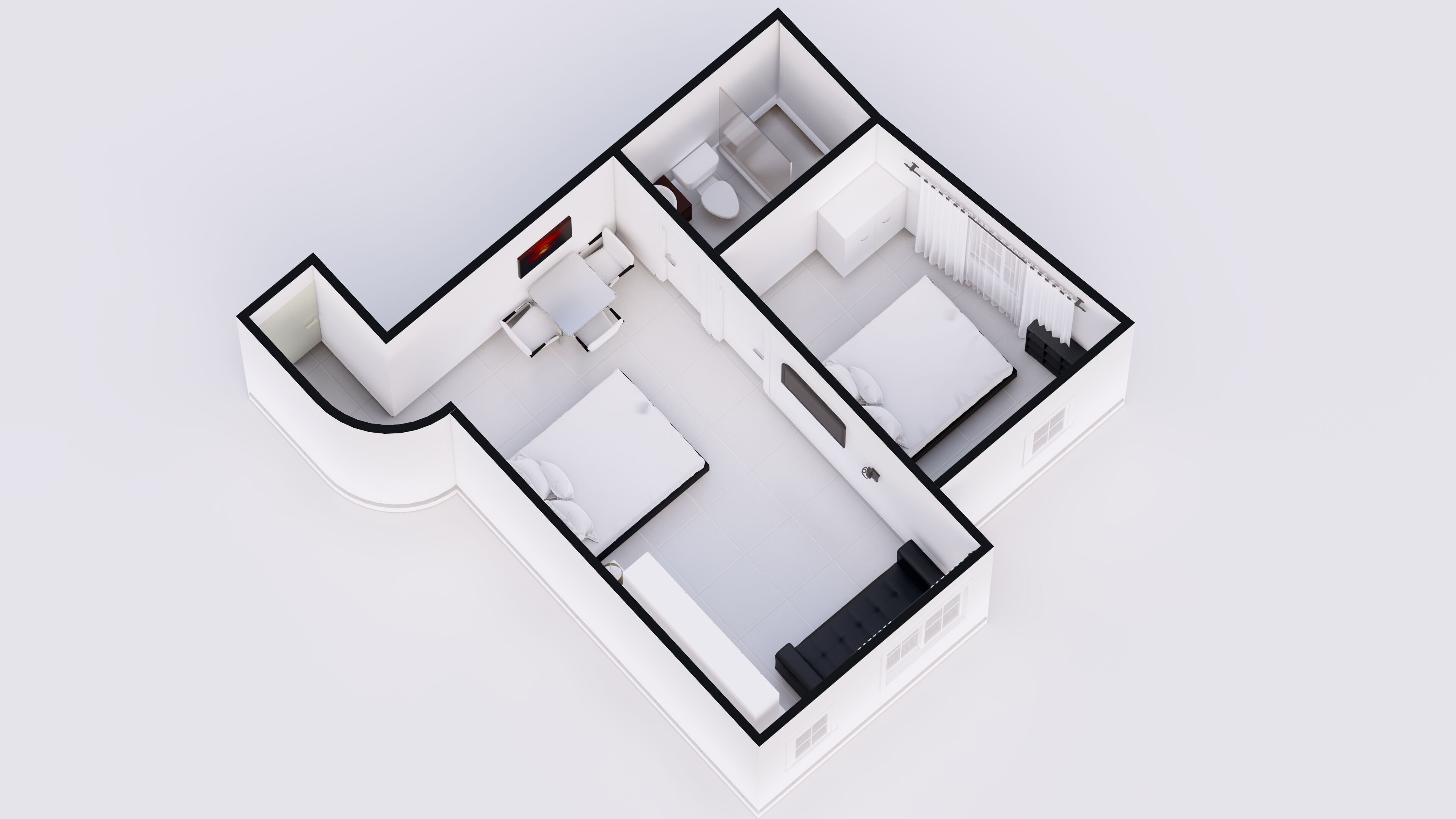 Un plan 3D d’une chambre d’hôtel comprenant un lit, un coin salon, une salle de bain et une petite kitchenette.