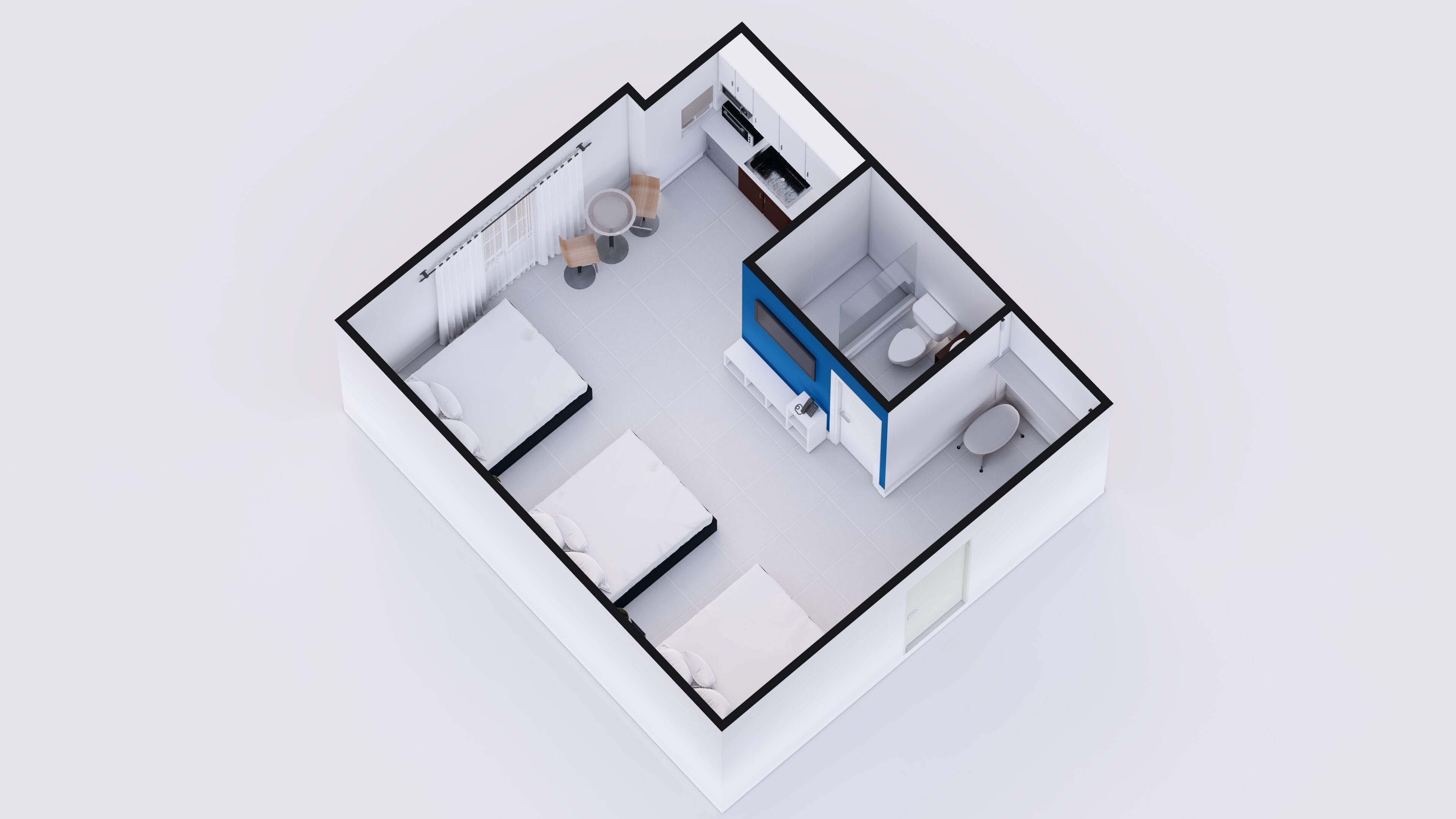 A 3D floor plan of a modern hotel room with a separate bathroom, a dining area, and a kitchenette.