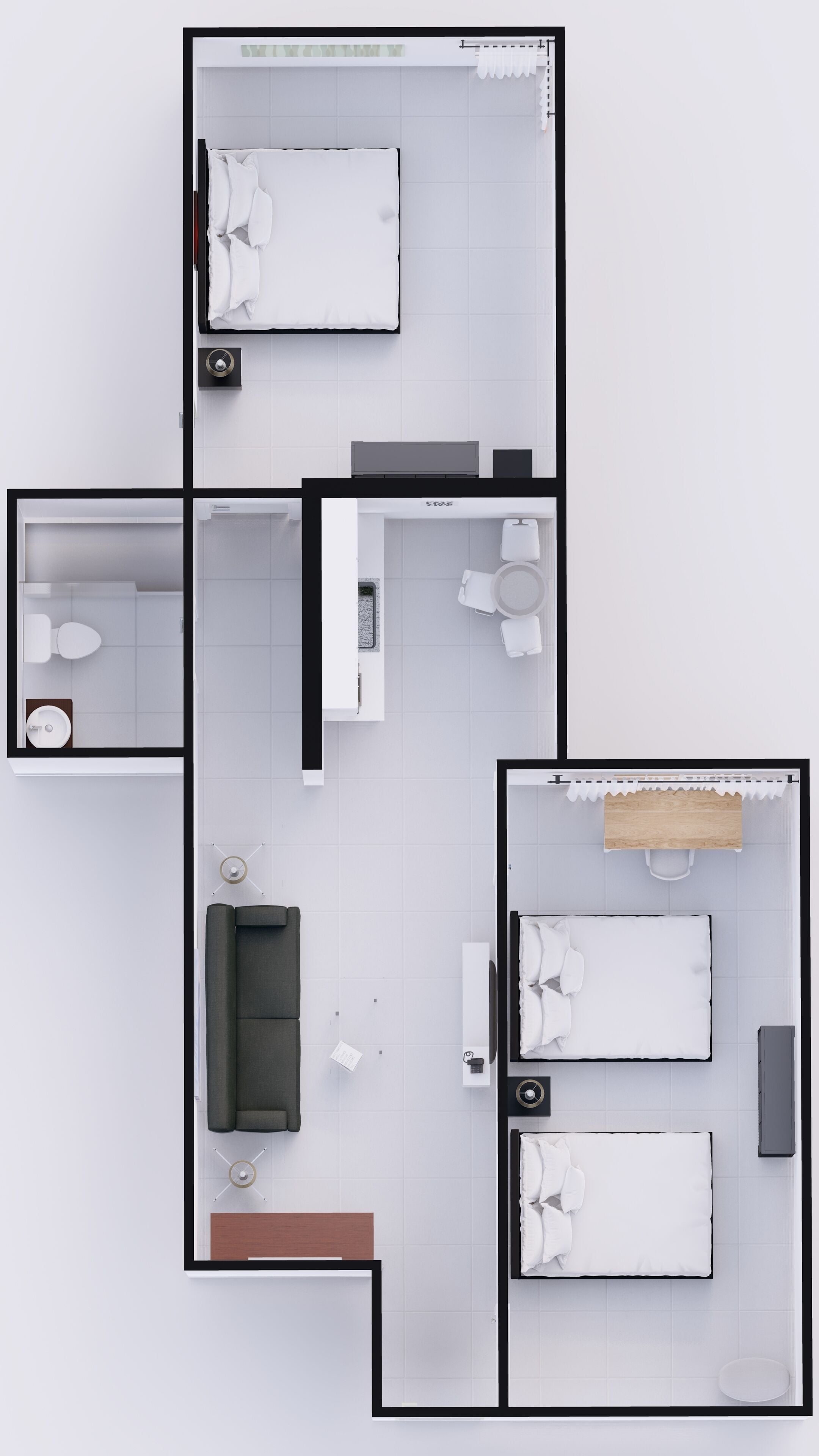 Vista cenital de la distribución de una habitación de hotel, con cama, sofá, una mesita, una silla, baño con inodoro y lavamanos, y zona de ducha.