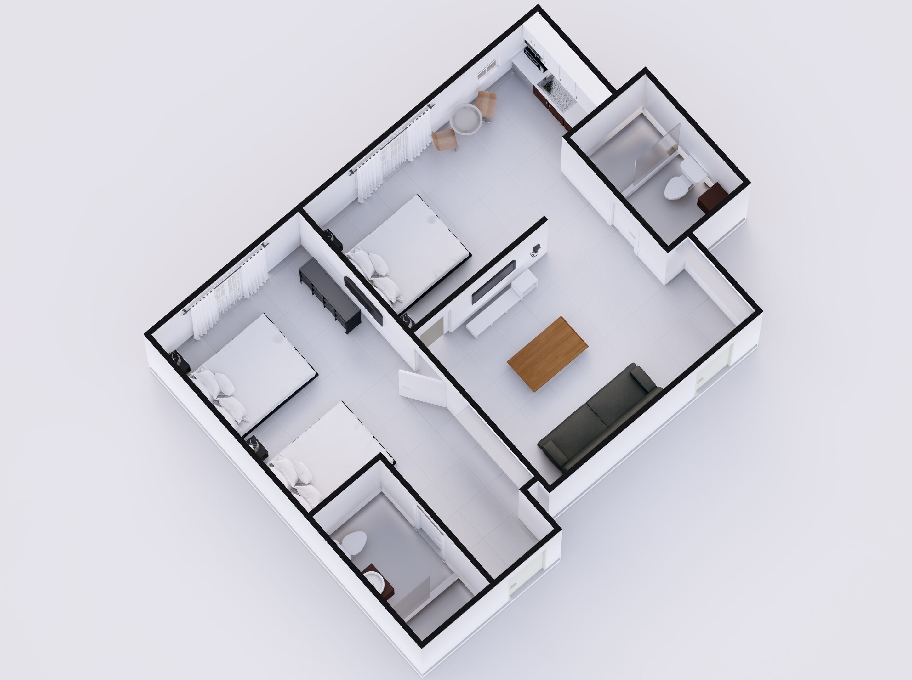 Pianta 3D di una moderna camera d'albergo con un letto, una poltrona, un tavolino, un bagno e un angolo cottura.
