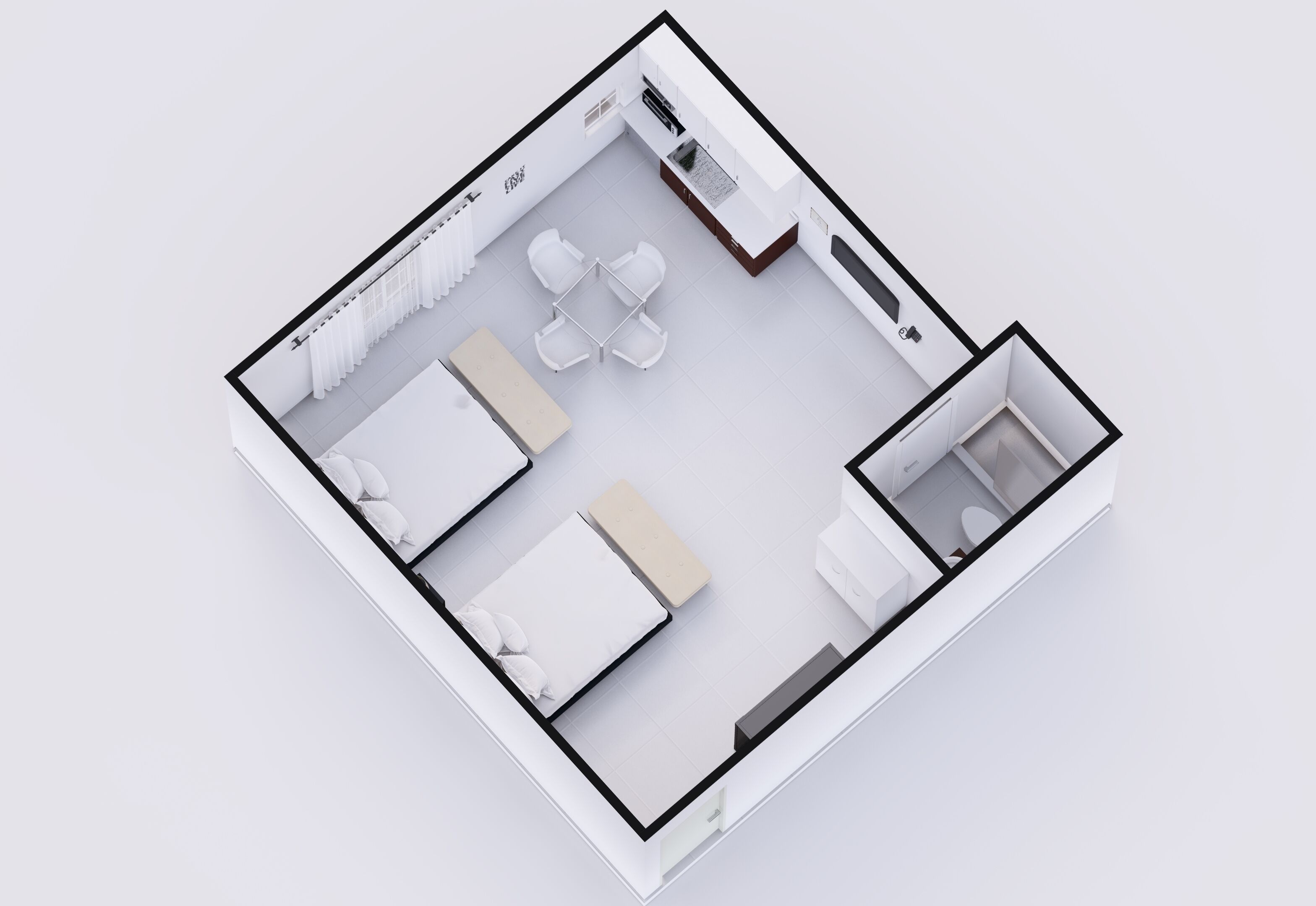 Plano de planta en 3D de una habitación de hotel moderna con cama, un escritorio pequeño, una silla, un sofá y un baño.