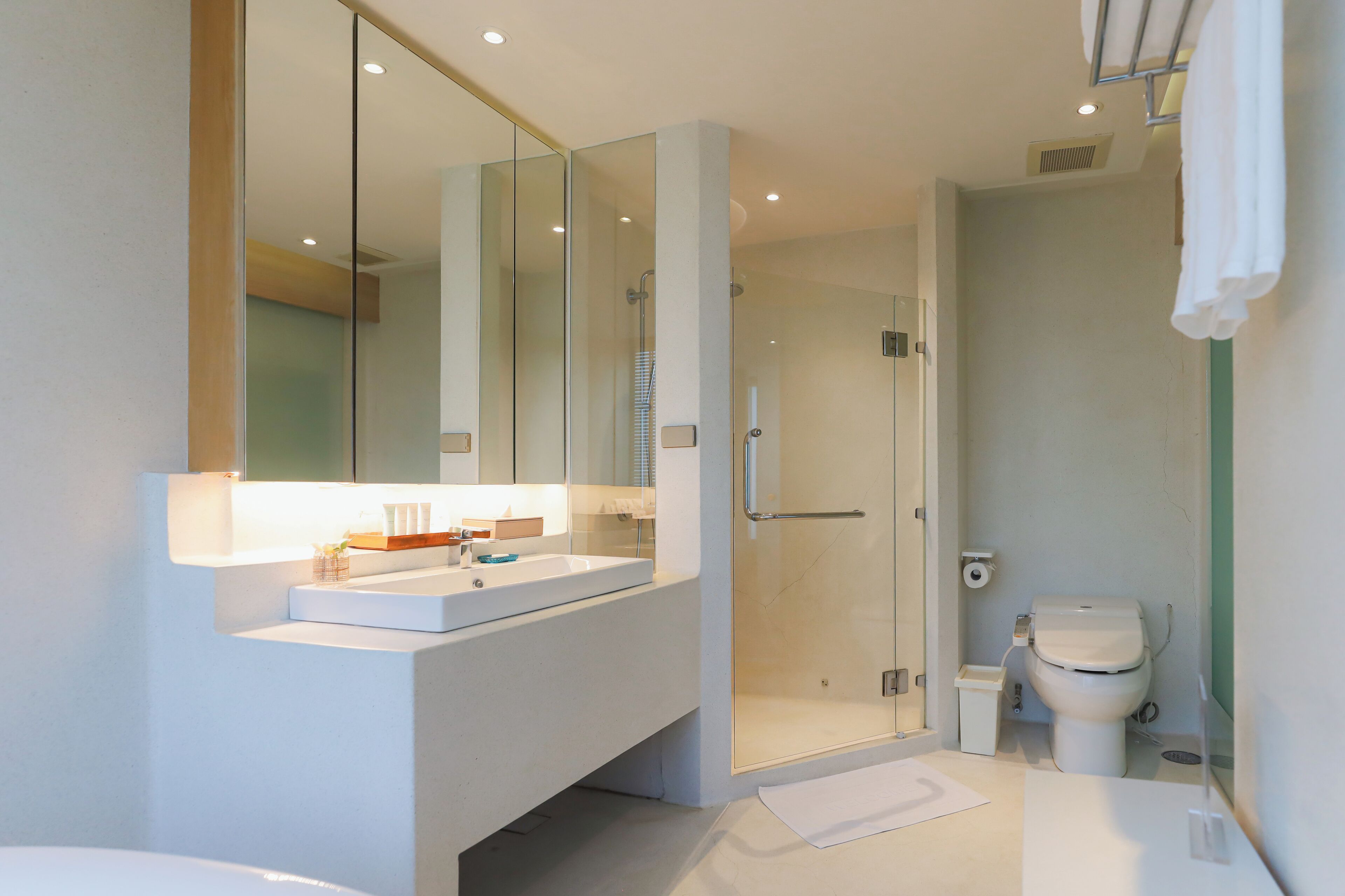 Un baño moderno con ducha de vidrio, lavamanos blanco y un inodoro.