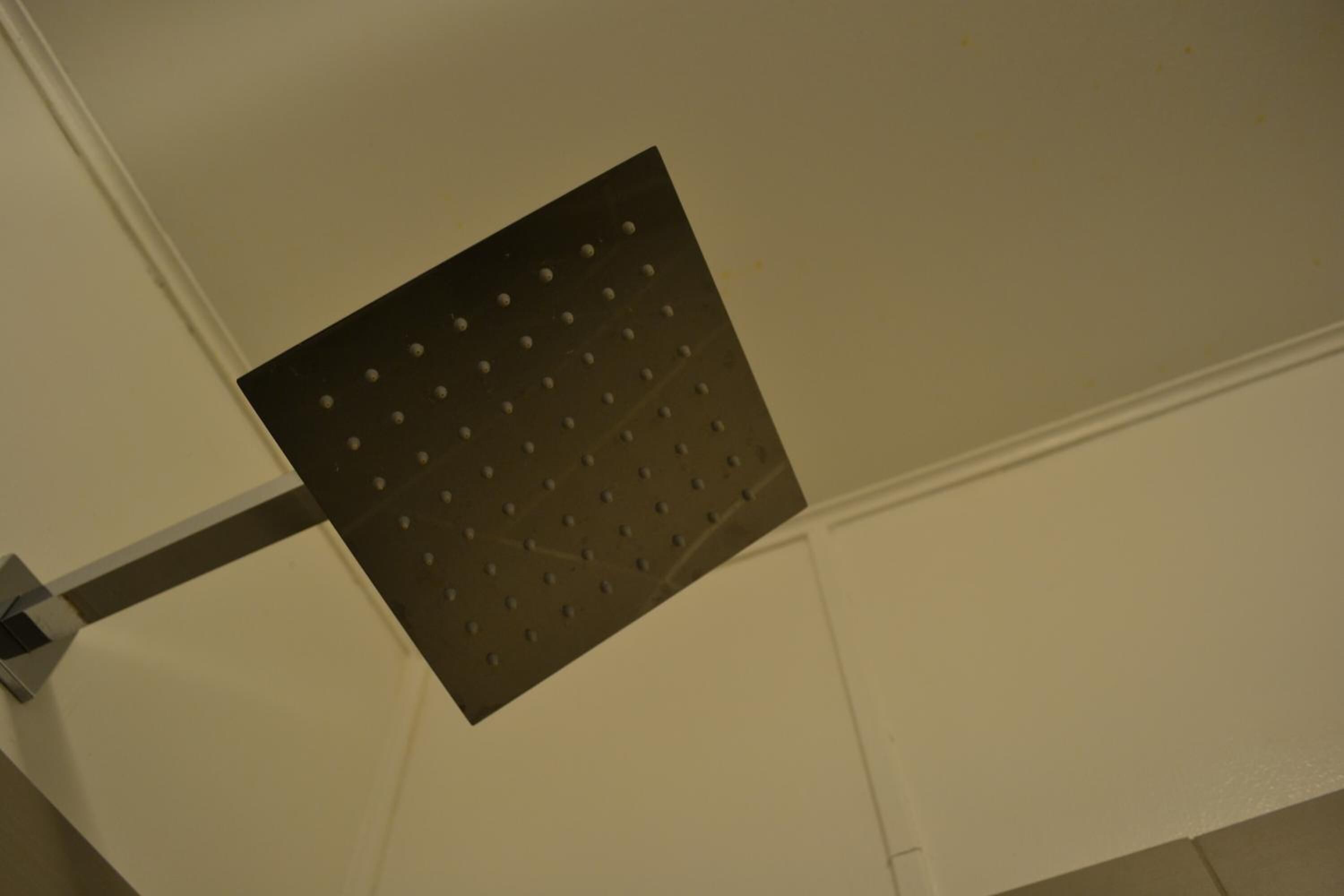 A ceiling-mounted, perforated metal panel, likely part of a shower or ventilation system.