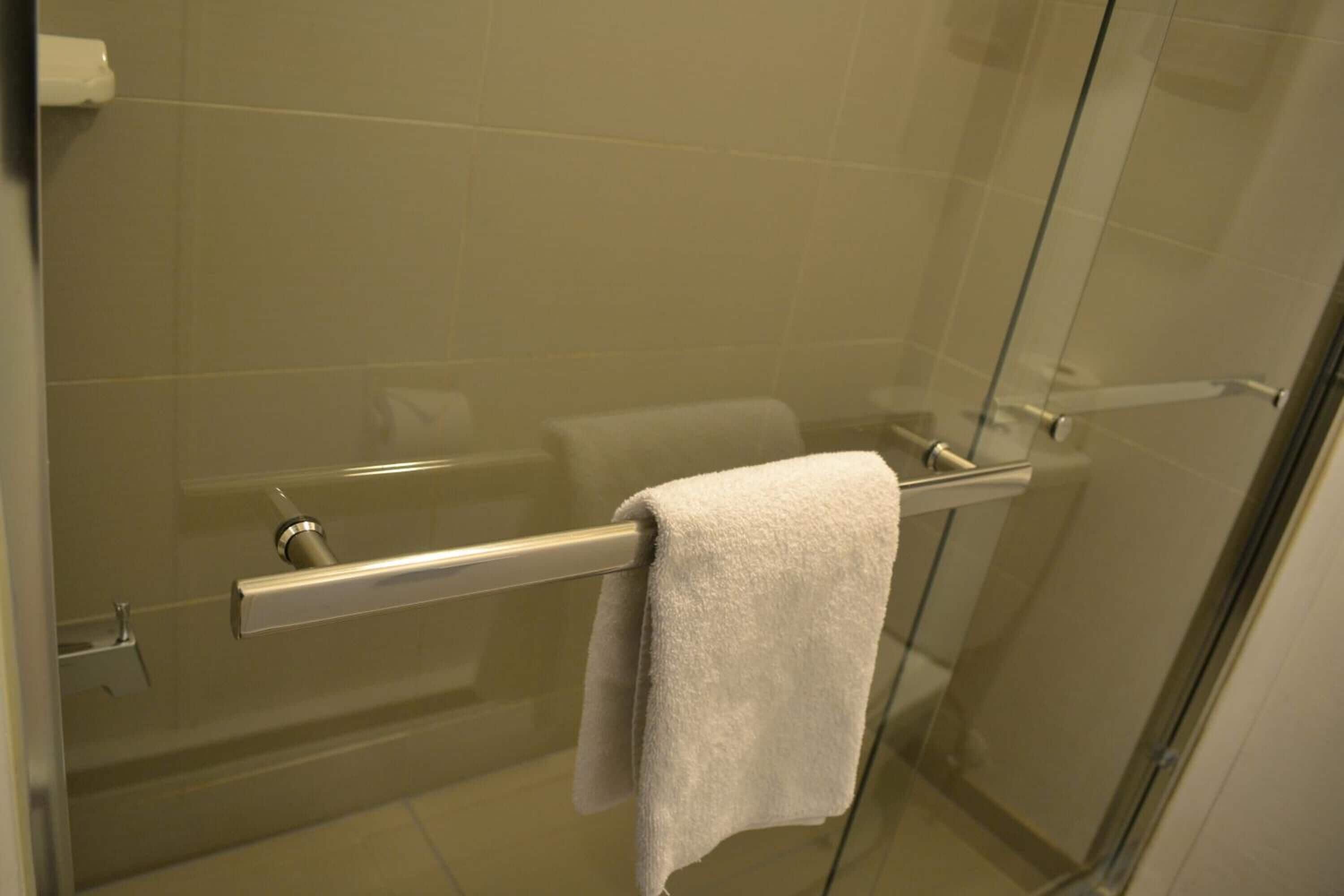 A glass-enclosed shower area with a towel rack and a towel hanging on it.