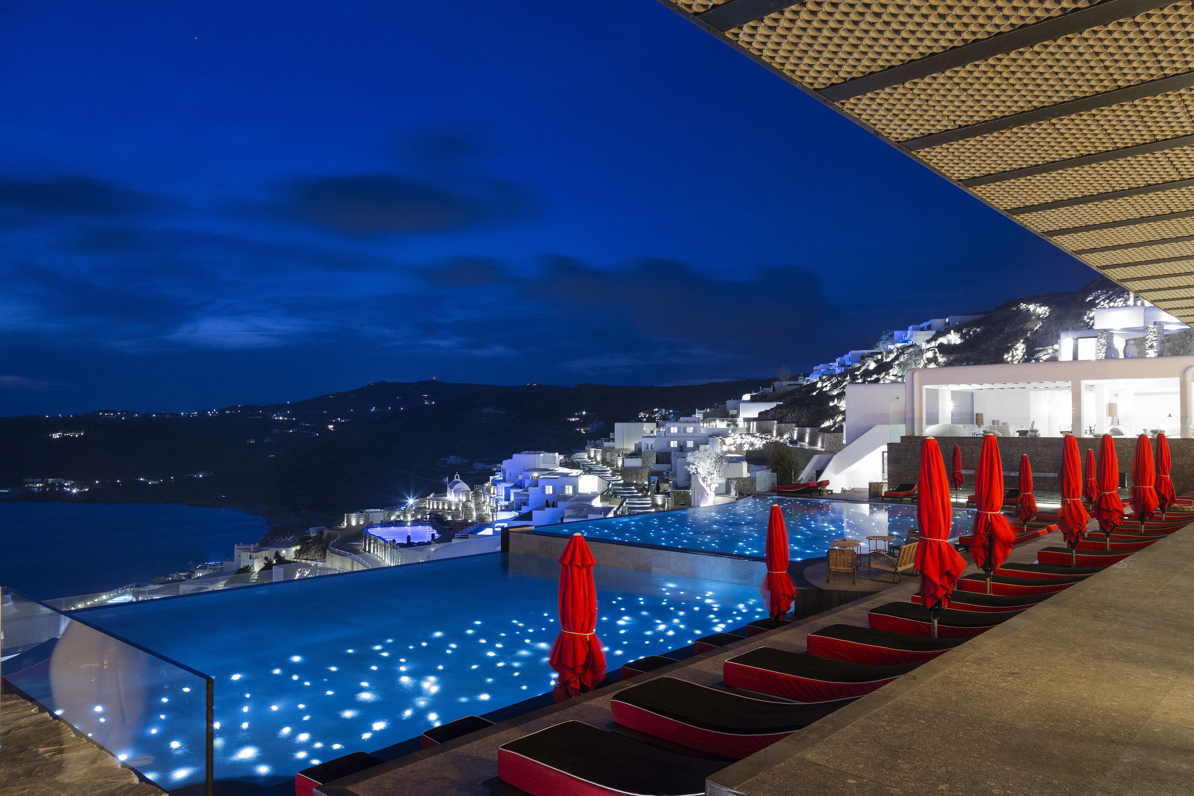 Seasonal outdoor pool, pool umbrellas, pool loungers