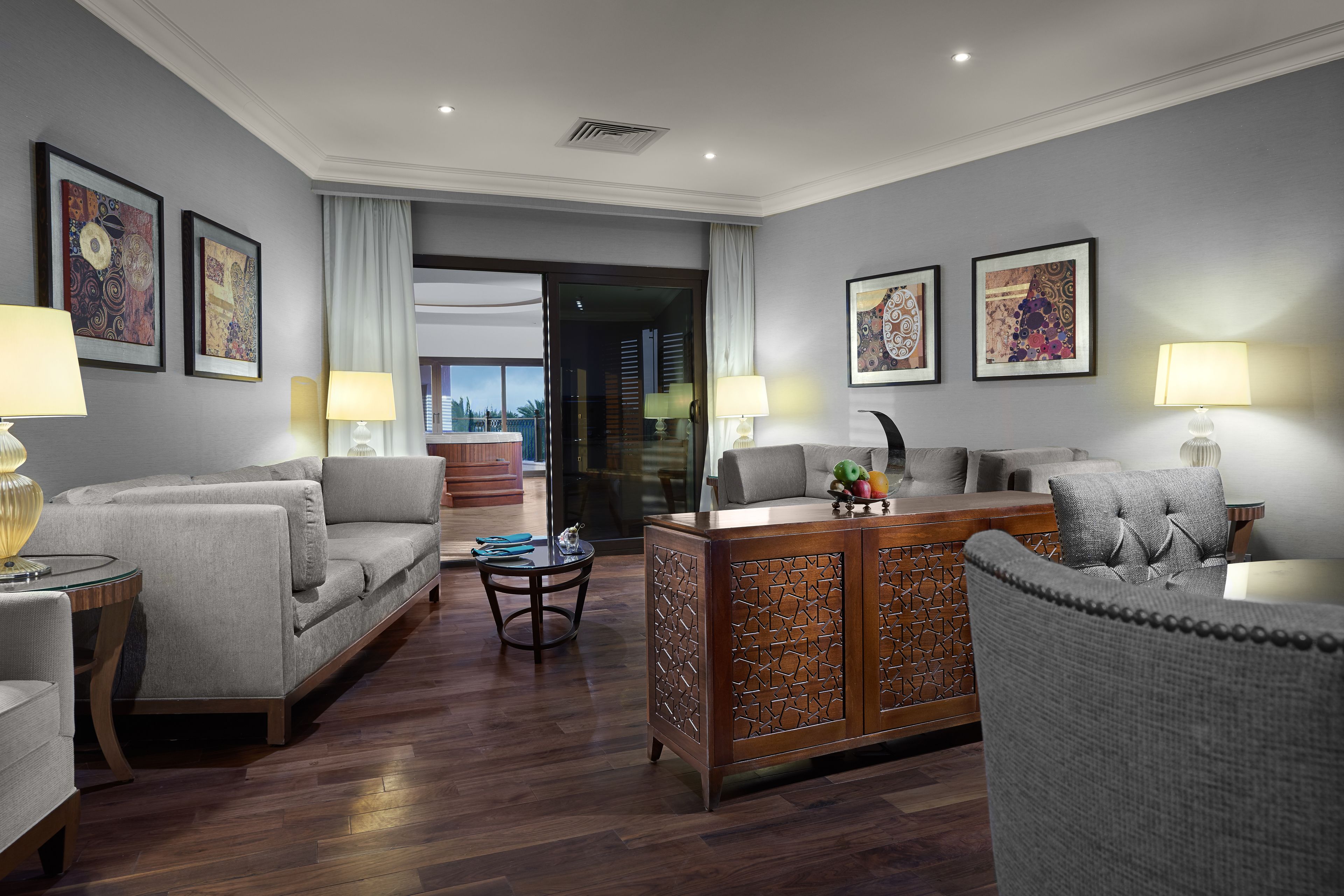 royal suite, 1 king bed, smoking | living area | lcd tv, dvd player