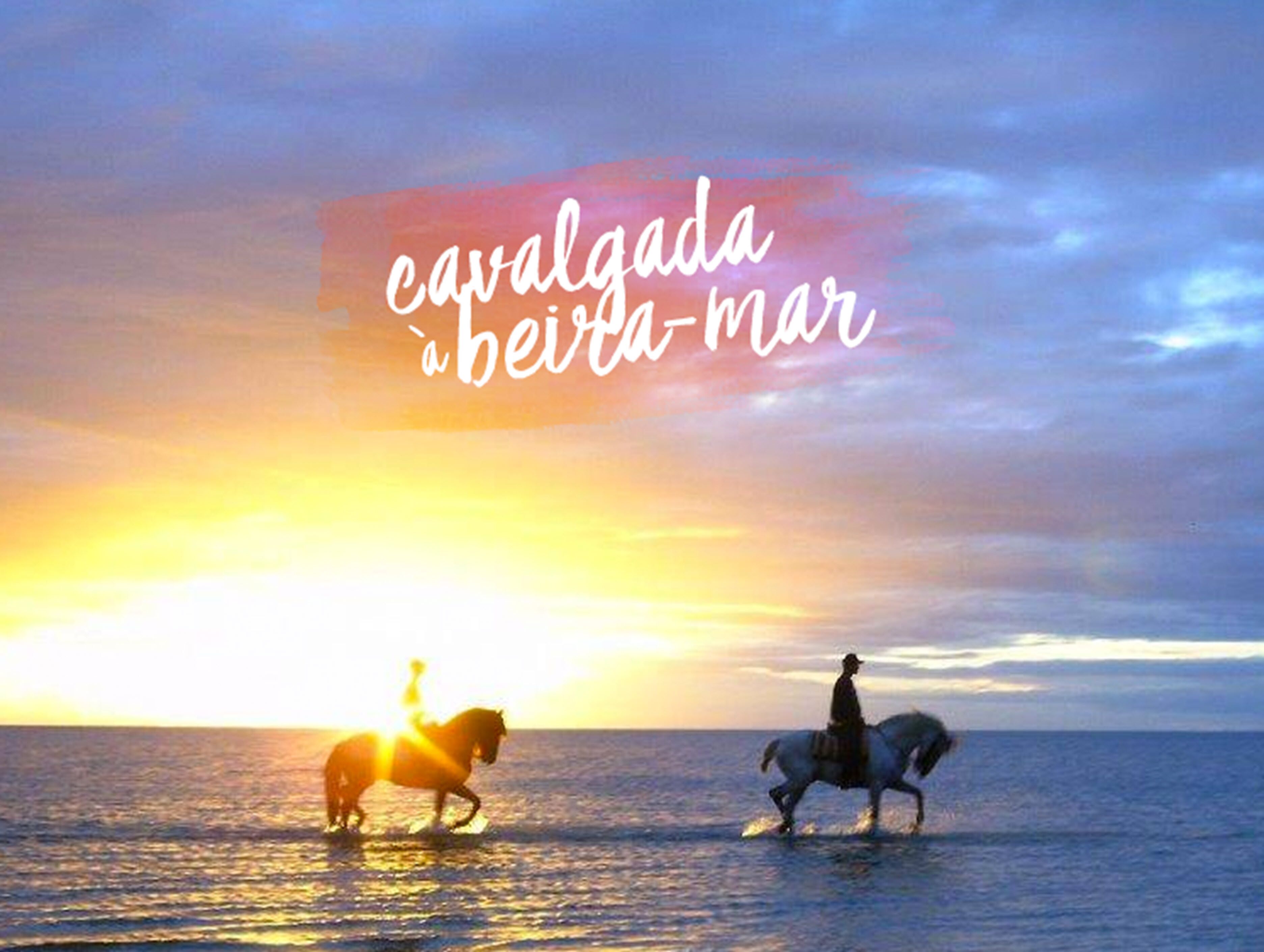 A sunset over the ocean with two horses and riders.