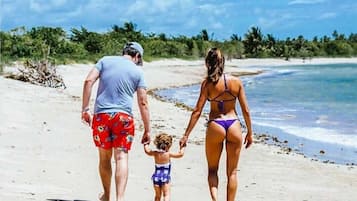 A family walking on a beach with clear skies.
