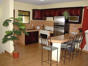 Ísskápur í fullri stærð, örbylgjuofn, eldavélarhellur, kaffivél/teketill