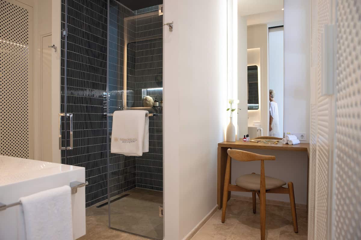 shower, rainfall showerhead, free toiletries, hair dryer