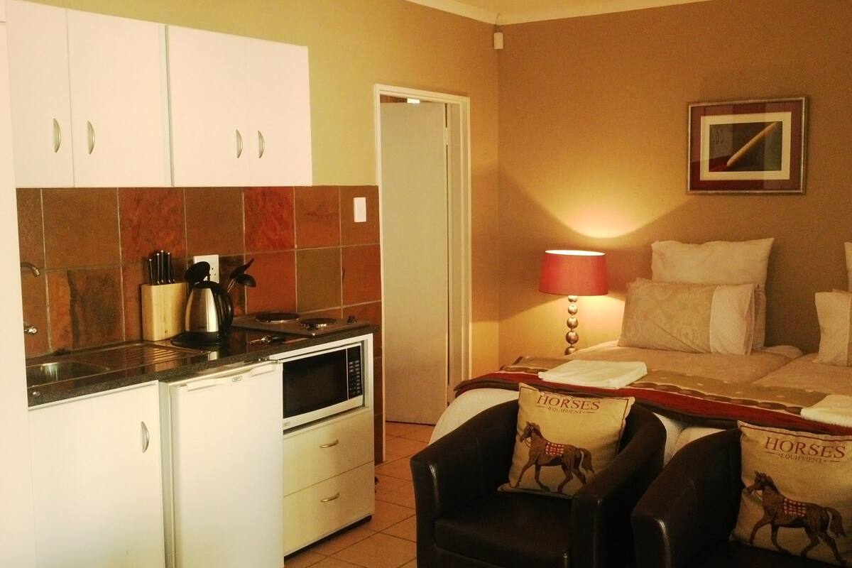 Habitación | Cocina básica privada | Frigorífico, microondas, placa de cocina y cafetera o tetera