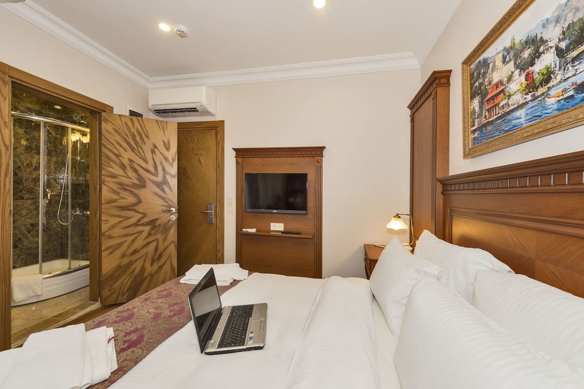 A hotel room with a bed, a laptop, a TV, a shower, and a painting on the wall.