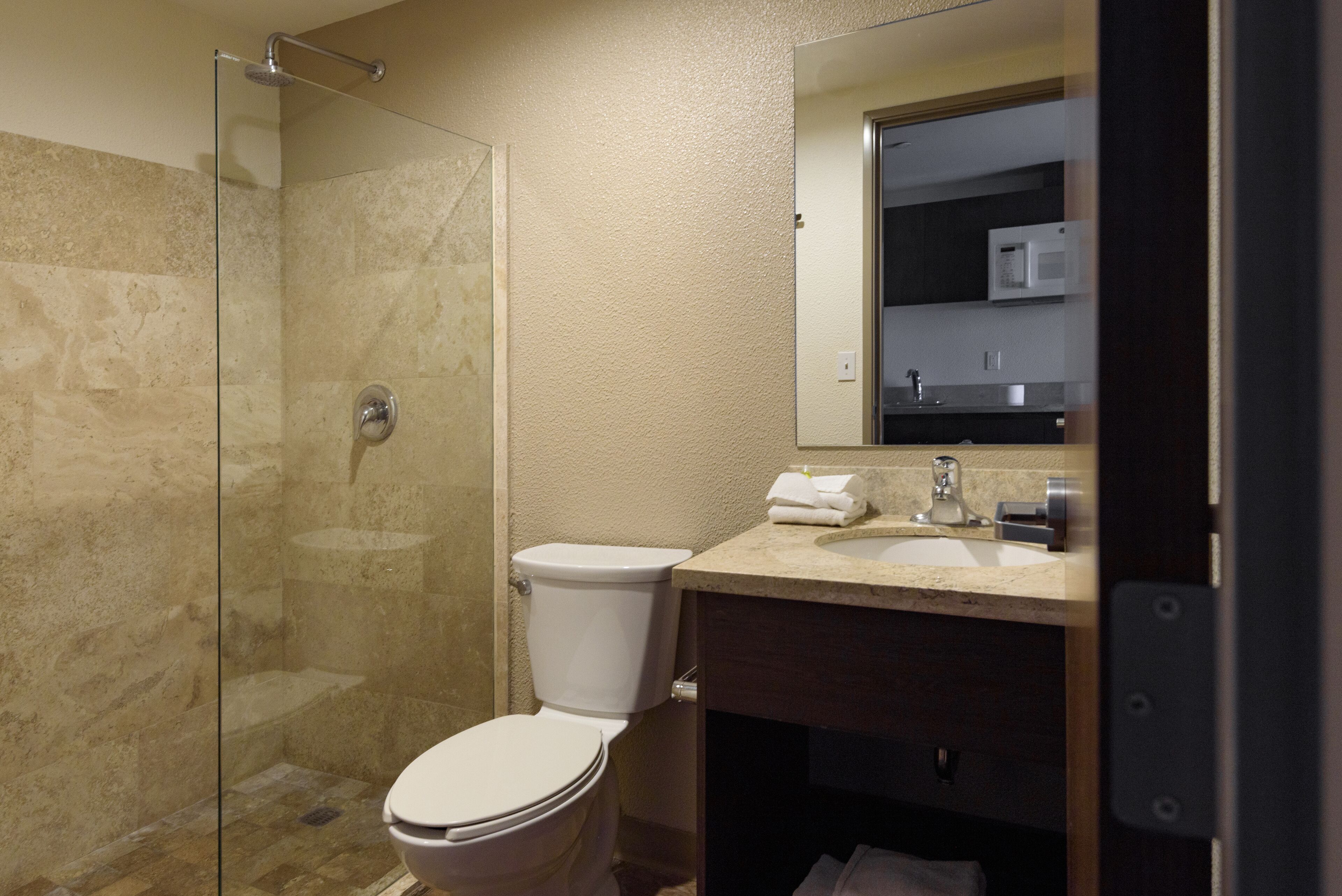 A bathroom with a glass-enclosed shower, a toilet, and a sink with a mirror above it.