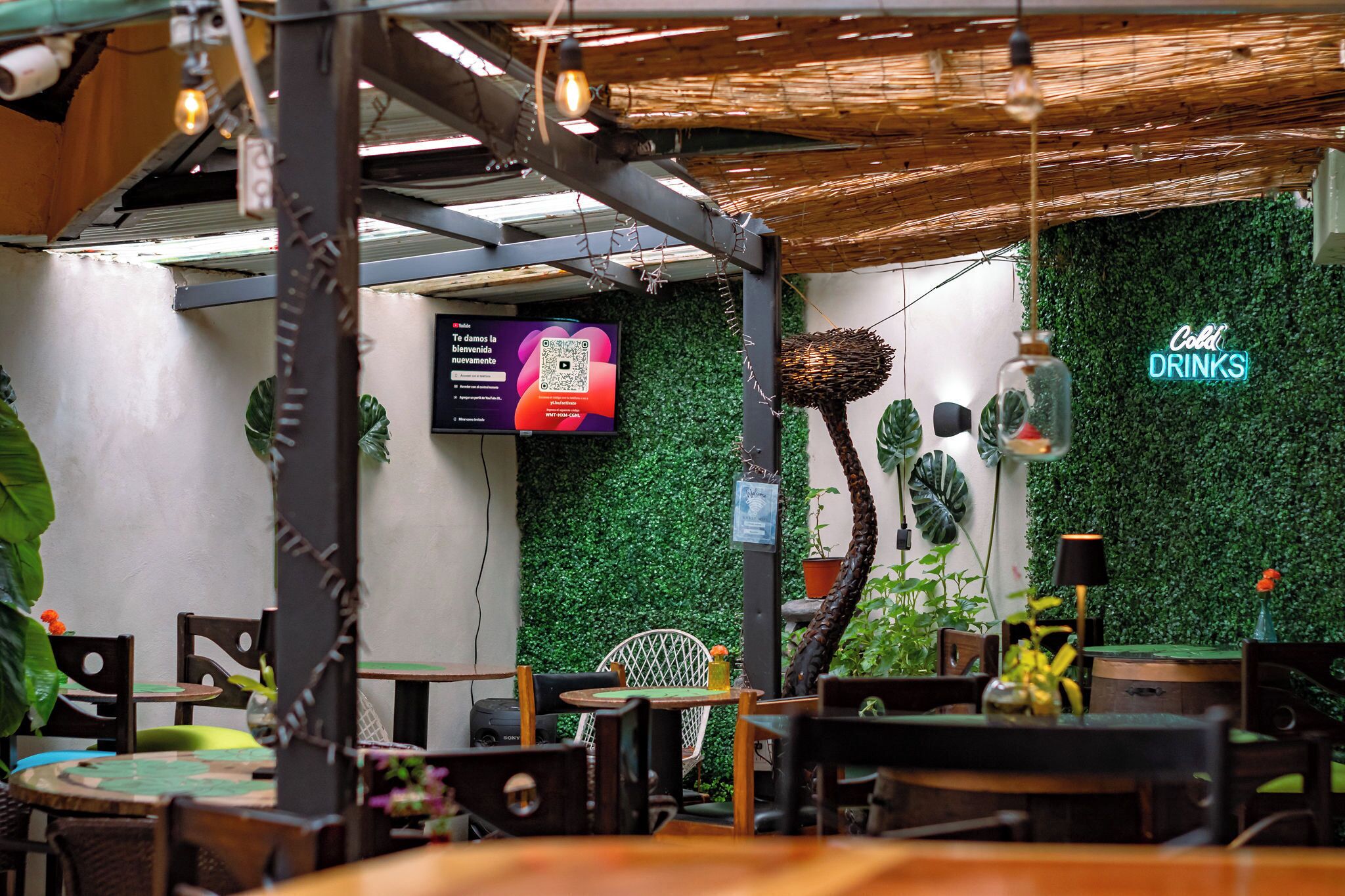 Un comedor interior con mesas y sillas, una pared verde con plantas y un letrero de neón que dice "Cold Drinks".