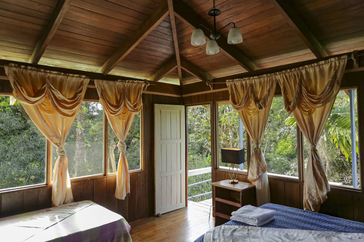 A wooden cabin with a bed, a table, and curtains over windows.