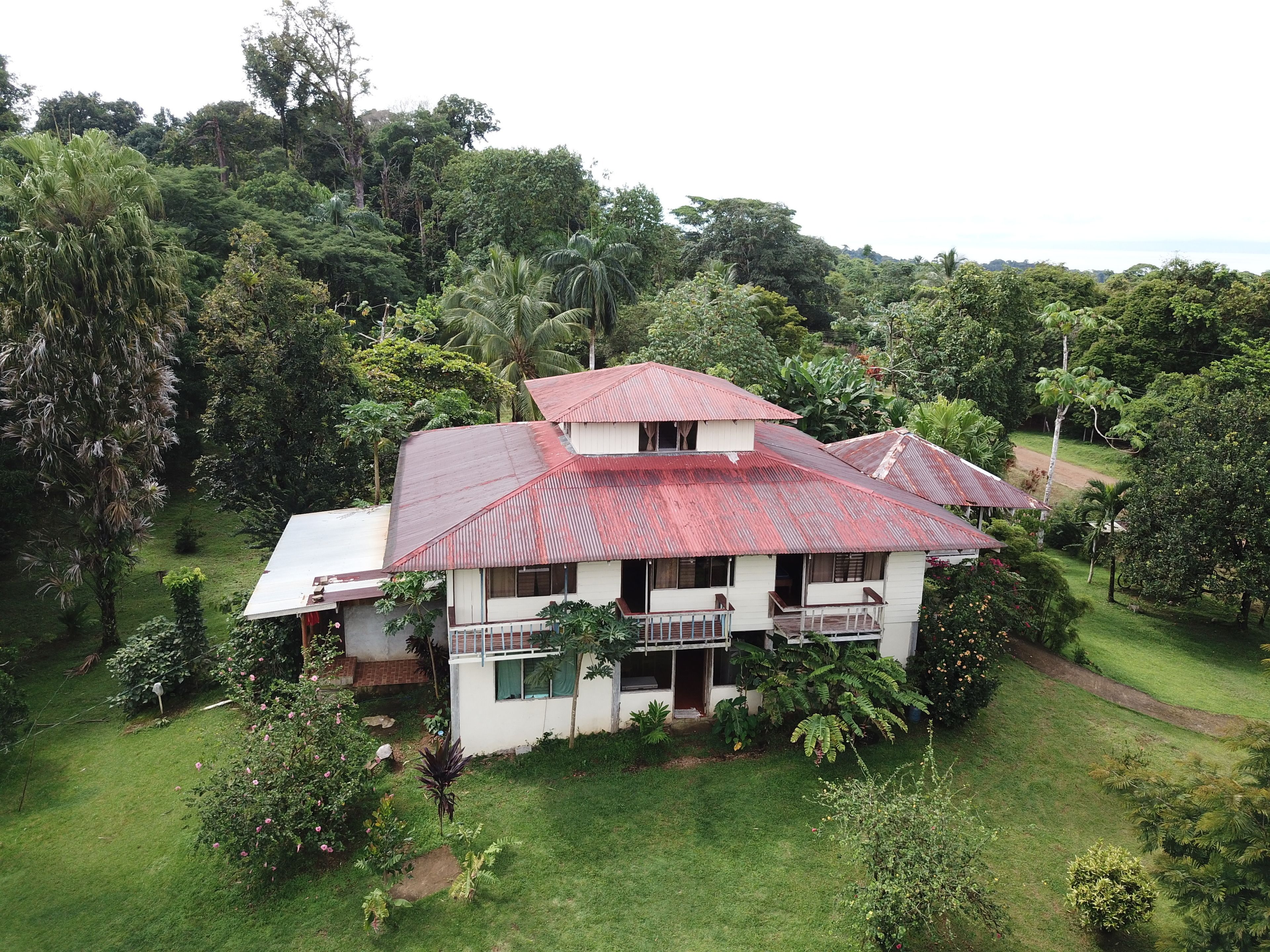 A two-story house with a red roof, surrounded by lush greenery and trees.