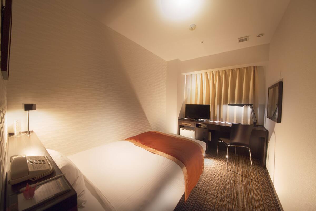 A hotel room with a bed, desk, chair, TV, and a telephone.