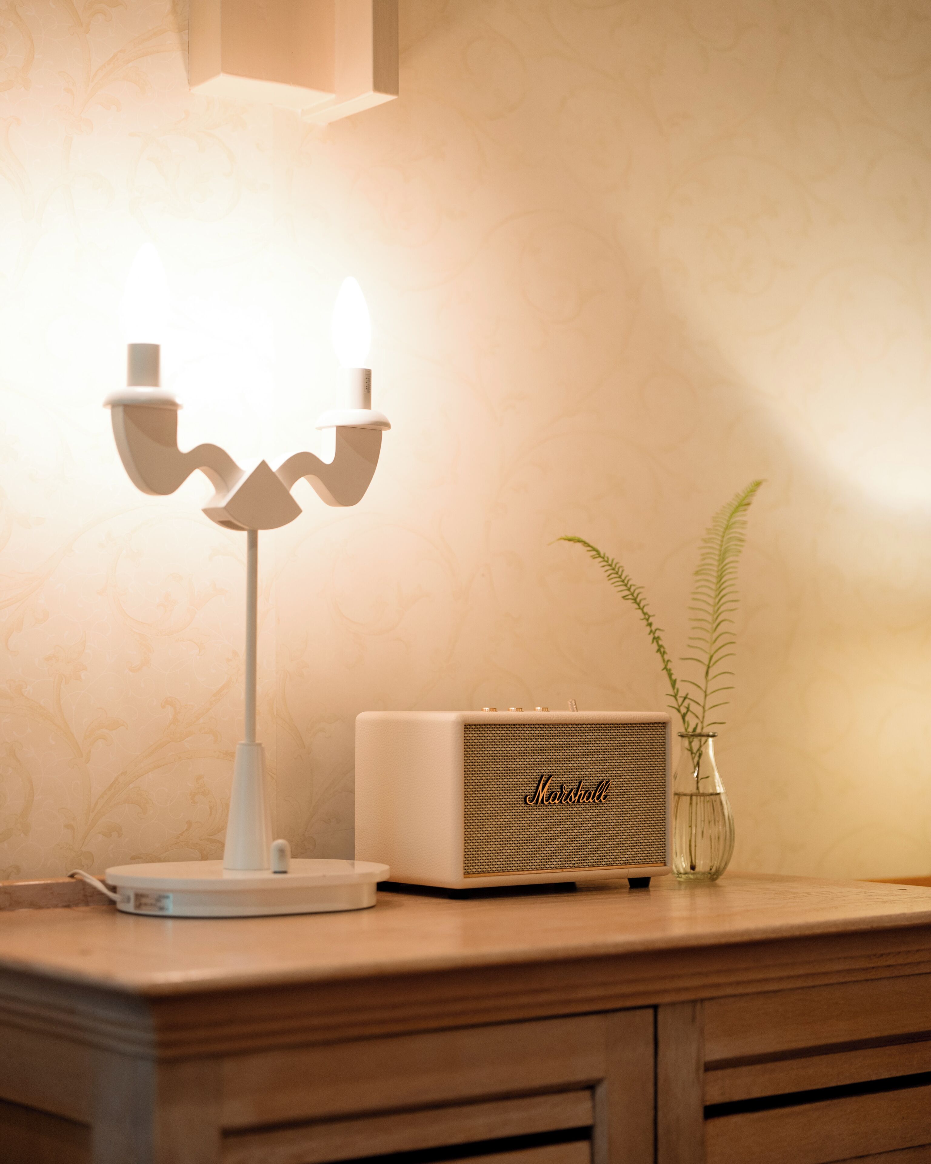 Un amplificateur Marshall blanc posé sur une surface en bois, une lampe de table blanche et un vase avec une plante.