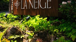 Een bord met de tekst 'LANEIGE' in een bebost gebied.