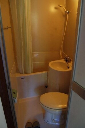 A small bathroom with a toilet, sink, and shower. - Il Bosco (Hakuba)