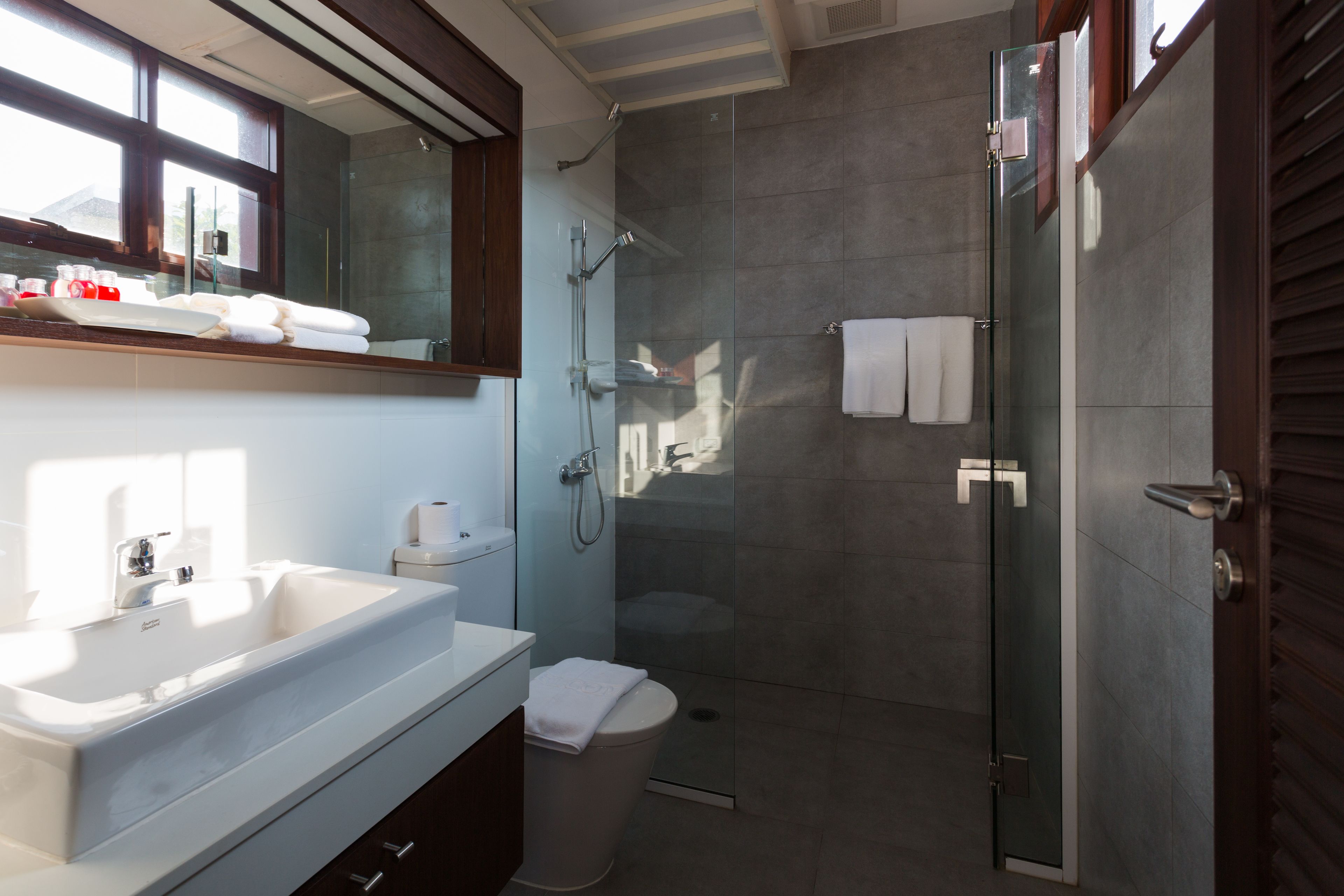 Une salle de bain moderne avec un grand lavabo, un miroir et une douche à parois de verre.
