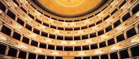 A grand theater with multiple balconies and ornate ceiling decorations.