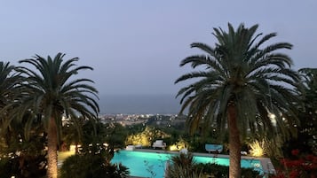 Outdoor pool, a rooftop pool, pool umbrellas, sun loungers