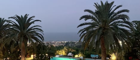 Outdoor pool, a rooftop pool, pool umbrellas, sun loungers