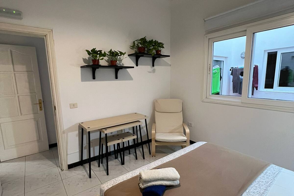 Un dormitorio con cama, una silla, un escritorio y dos estantes con plantas.