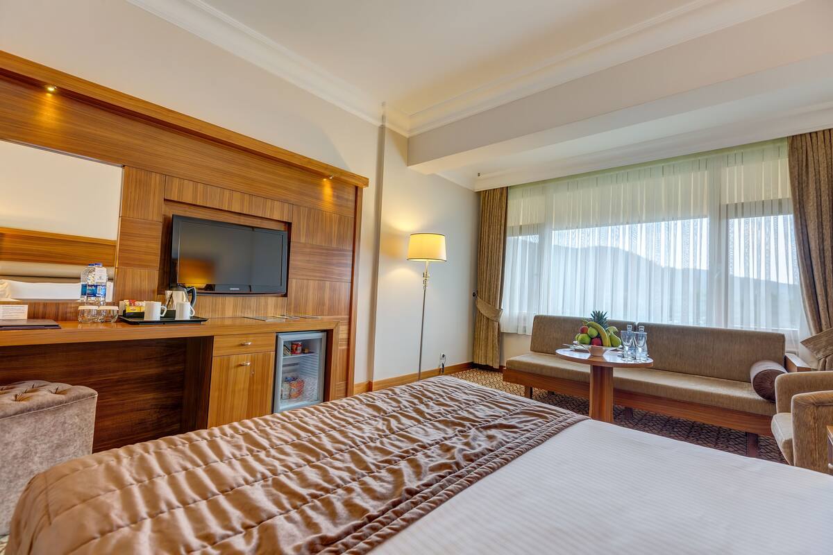A hotel room with a large bed, a sofa, a small table with a fruit bowl, a television, and a minibar.