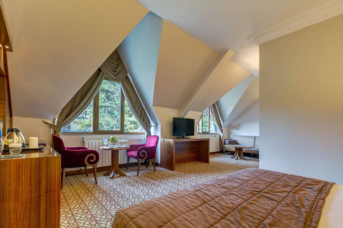 A bedroom with a large bed, a desk, a chair, and a TV. There are windows providing natural light and a view of trees.