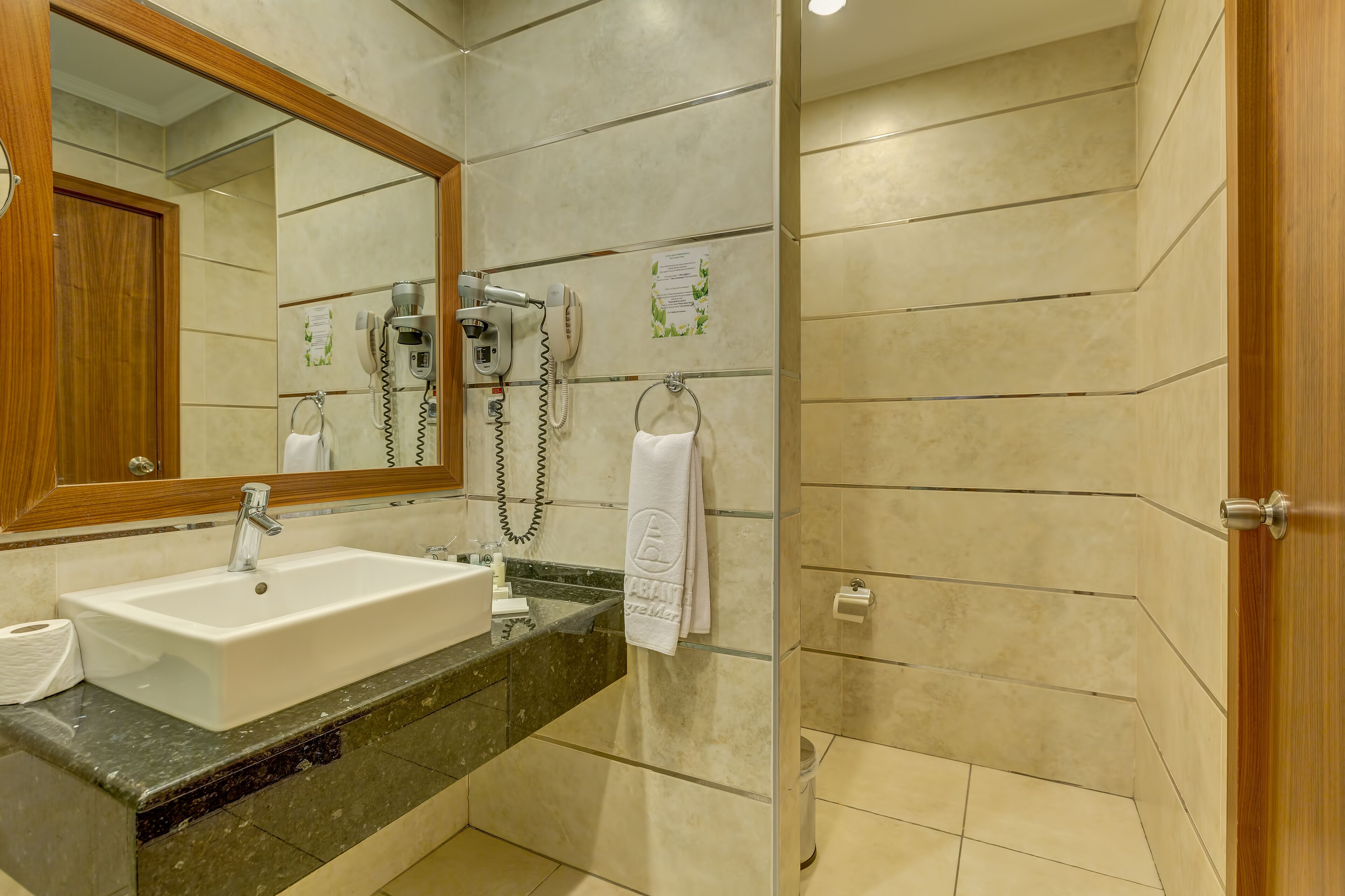 A bathroom with a sink, mirror, towel rack, and a hairdryer.