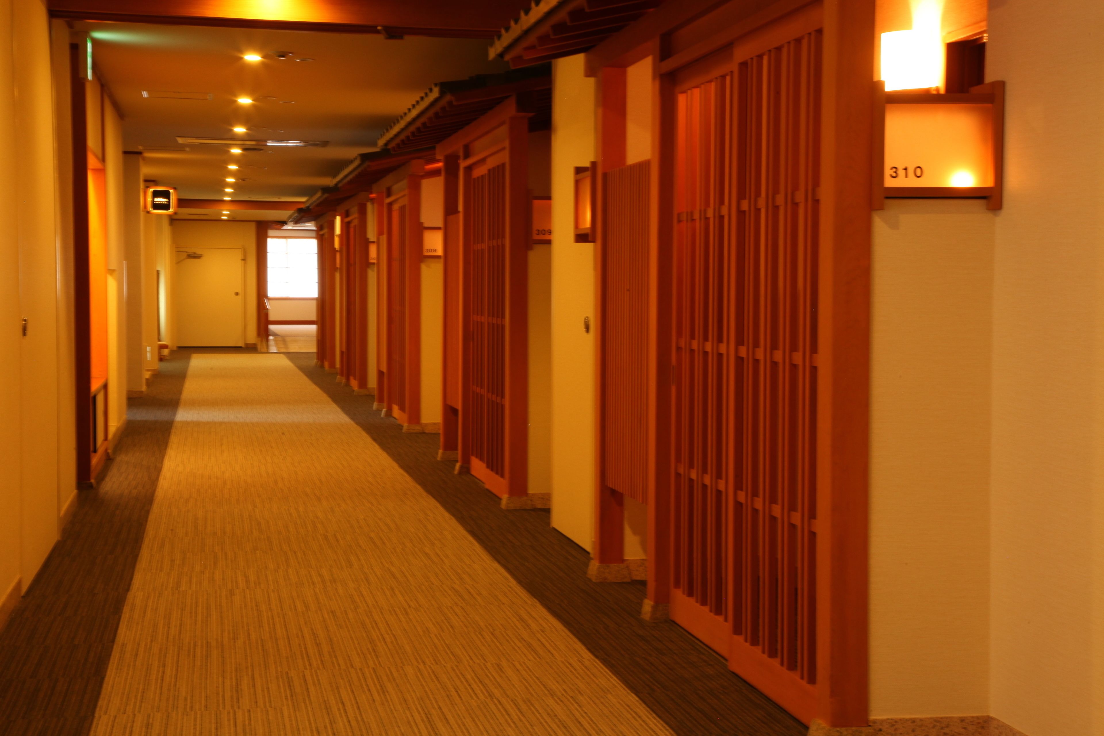 A hotel corridor with wooden doors, carpeted floors, and a number sign indicating room 310.
