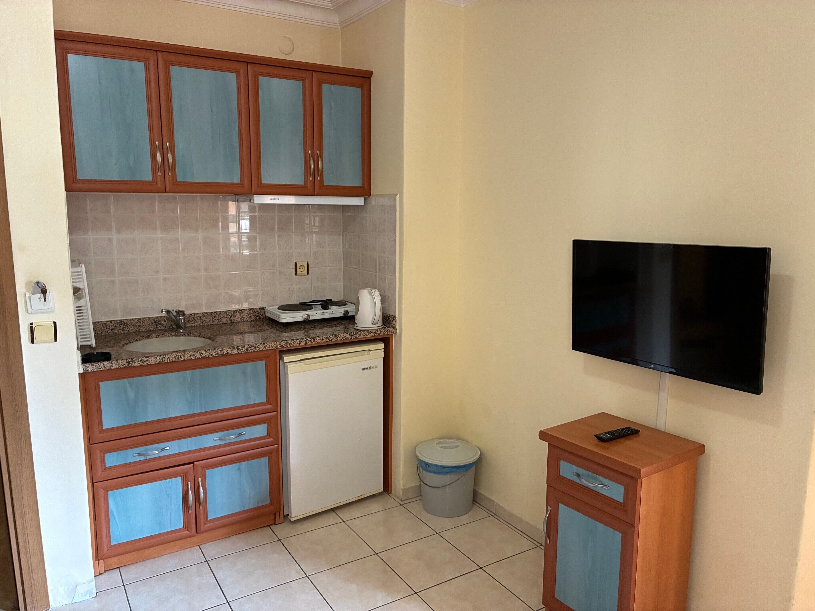 A compact kitchen with wooden cabinets, a built-in microwave, a small refrigerator, and a television mounted on the wall.