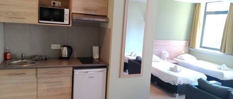 A compact hotel room with a kitchenette, a bed, a sofa, and a large mirror.