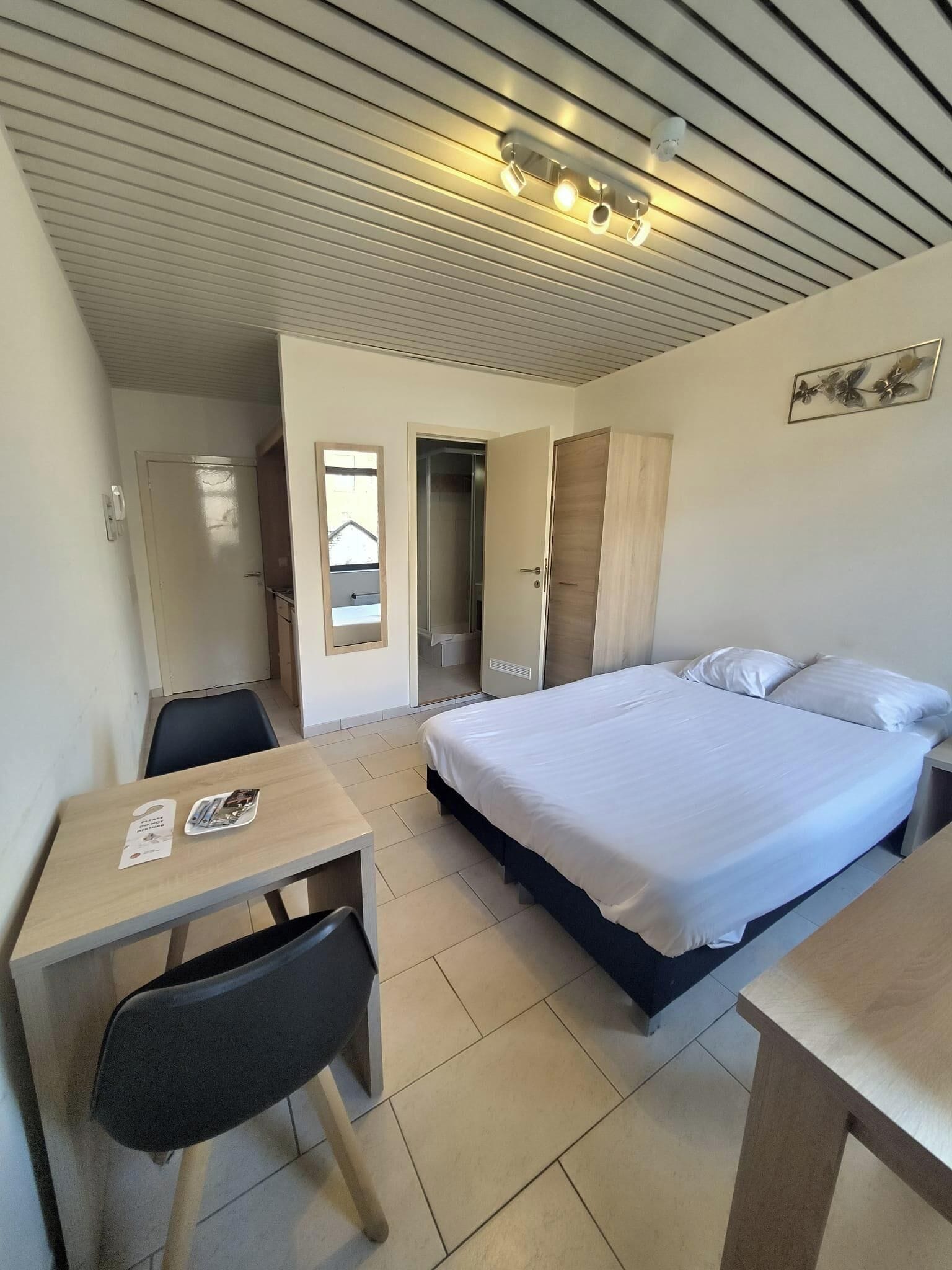 Habitación de hotel con cama, escritorio, silla, armario y zona de ducha.