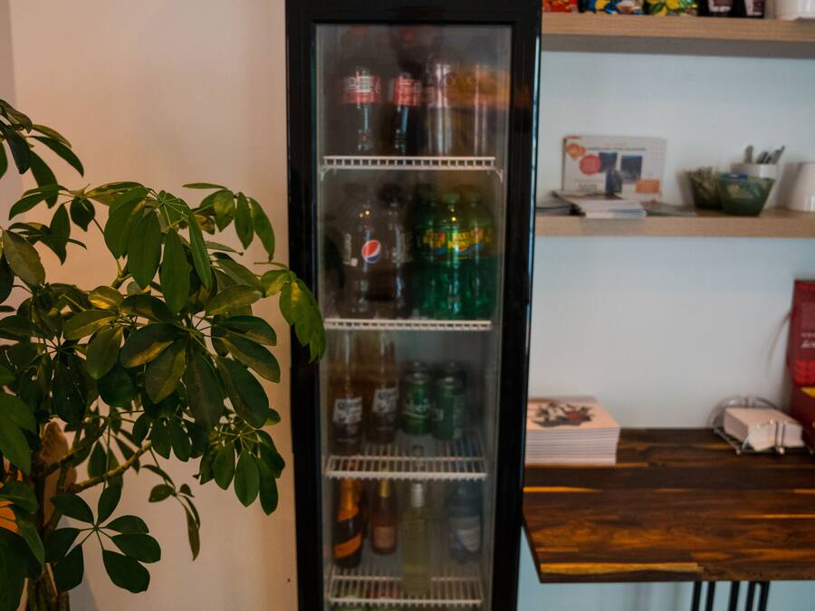 Un refrigerador lleno de bebidas, una planta en maceta y una mesa de madera con varios objetos.