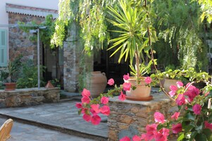 Um edifício de pedra com escadaria de pedra, plantas em vasos e flores cor-de-rosa.