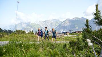 Un groupe de randonneurs sur un sentier, avec des montagnes en arrière-plan.