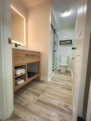 A modern bathroom with a wooden vanity, a glass shower enclosure, and a toilet.