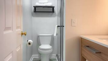 Un baño estrecho con inodoro, ducha y lavamanos.
