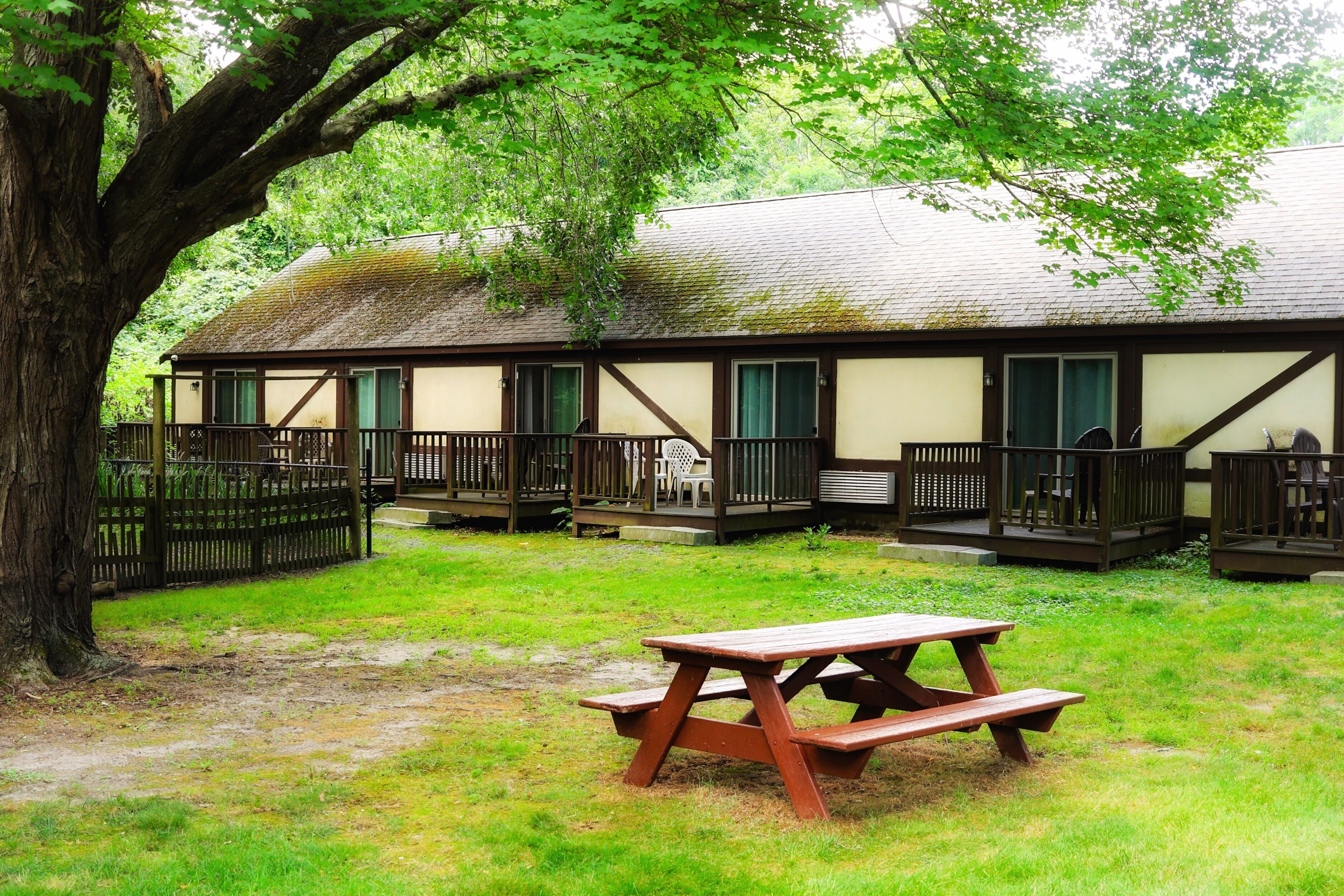 Een rustiek gebouw met een houten terras en picknicktafel in een gazon.