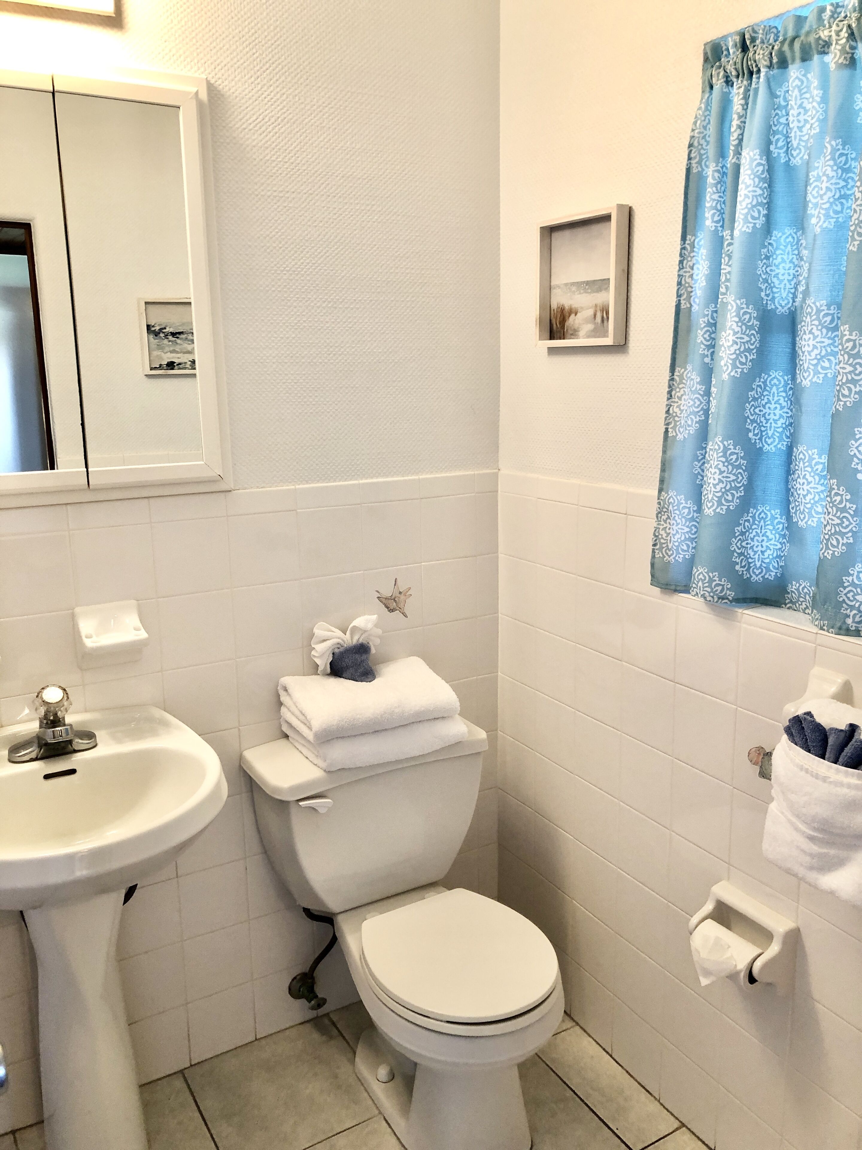 A bathroom with a white sink, toilet, and blue patterned shower curtain.