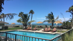 Un espace aménagé au bord de la piscine, avec des chaises longues et des parasols, entouré de palmiers et offrant une vue sur l’océan.