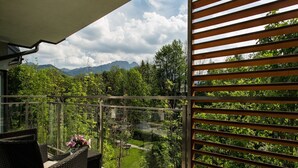 Un balcon doté de meubles en osier et d’une balustrade en verre, offrant une vue imprenable sur un paysage verdoyant et luxuriant ainsi que sur les montagnes.